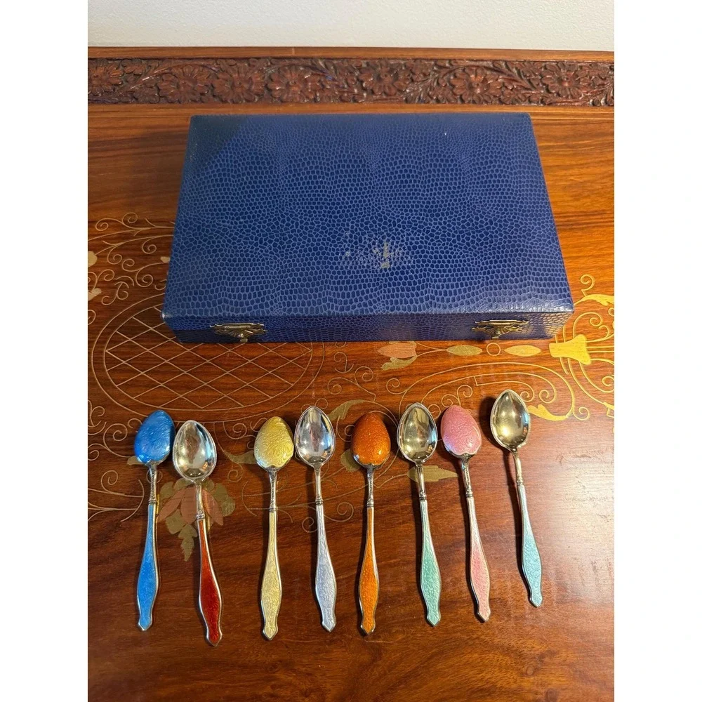 Vintage‎ Norwegian Sterling Silver Enamel Demitasse Spoon Set with Box
